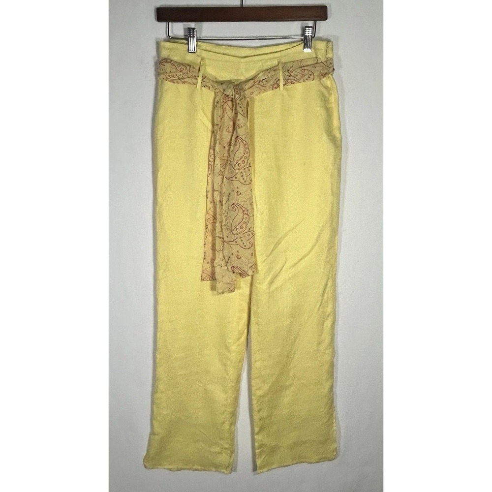 Padova Yellow Linen Wide Leg Pants 100% Silk Lined Paisley Silk Tie Belt Sz 6
